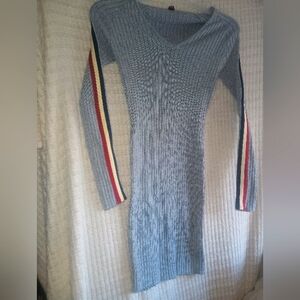 Long Sleeve Racer Striped Sleeve V Neck Sweater Dress